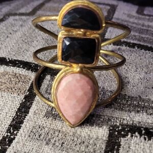 Gold-Toned Multi-Stone Ring with Onyx and Rose Quartz
